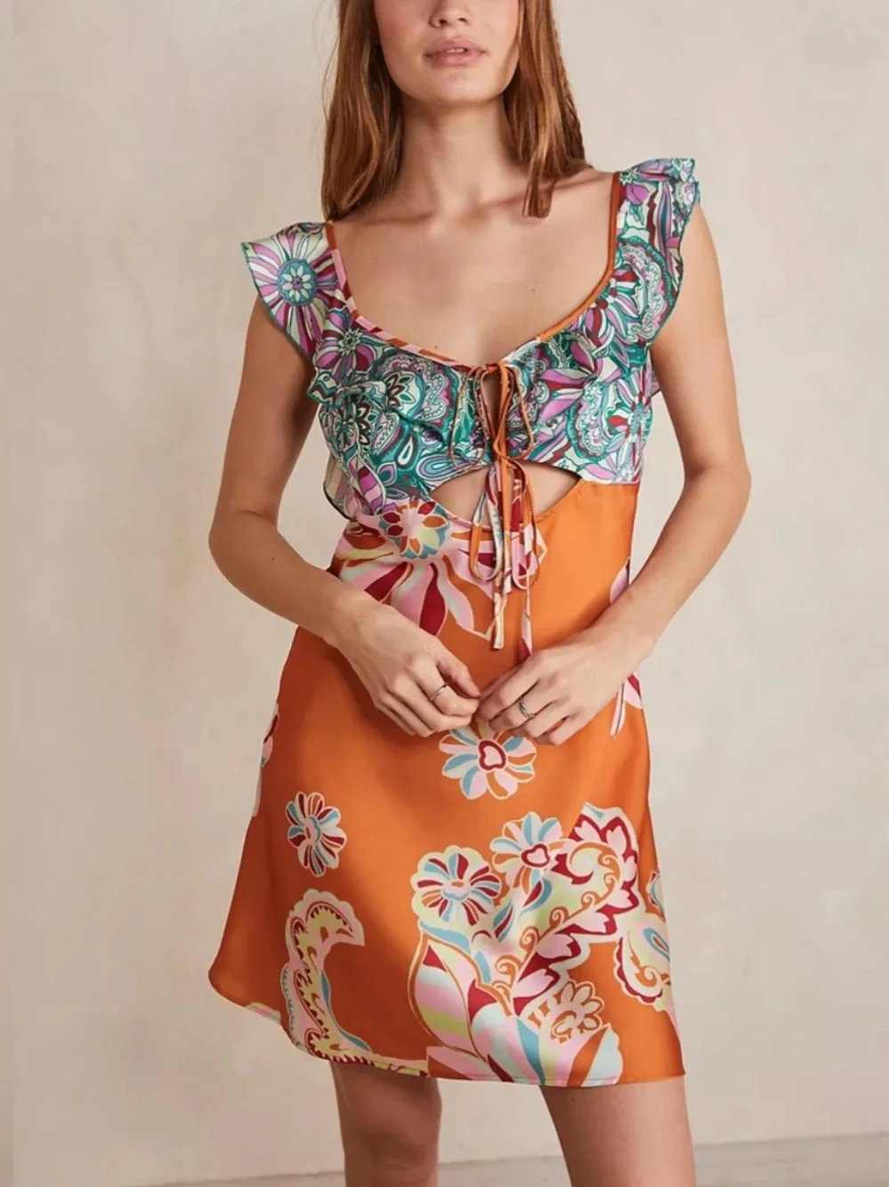 Free People Bali Daphne Slip Dress Floral Cutout Tie Front Mini 25983